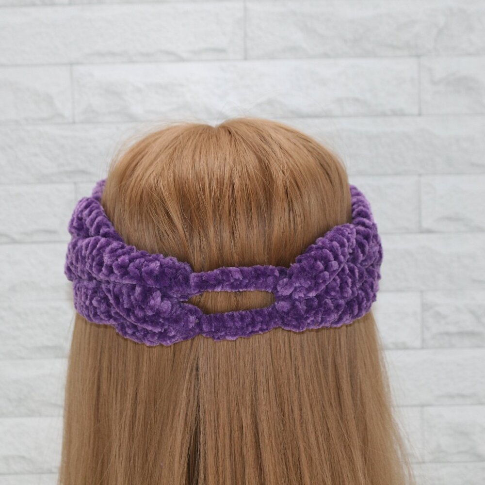 HAND CRAFTED Crochet Braided Earwarmer Head Band Wide Chenille Velvet Purple - Picture 4 of 16